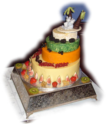 Cake Style 1 after decoration with summer fruits. Note the offset construction.